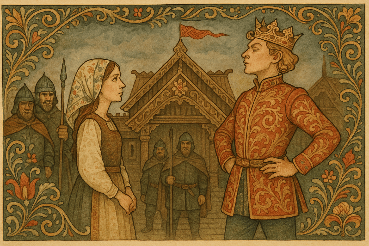 En kongelig gårdsplass i skumring; en hovmodig prins peker og holder en tale, mens en enkel jente står foran ham og vakter i tradisjonelle klær ser på.