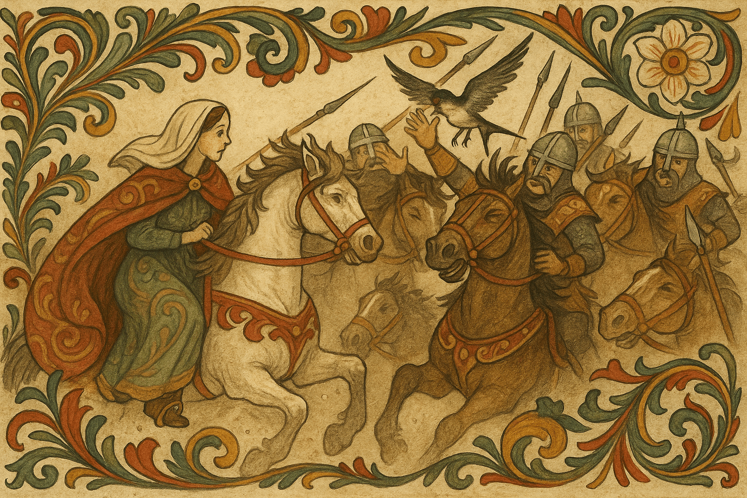 Herodes' menn rir etter Jomfru Maria, mens svalen flyr foran hestenes ansikter og plager rytterne så de mister kontrollen.