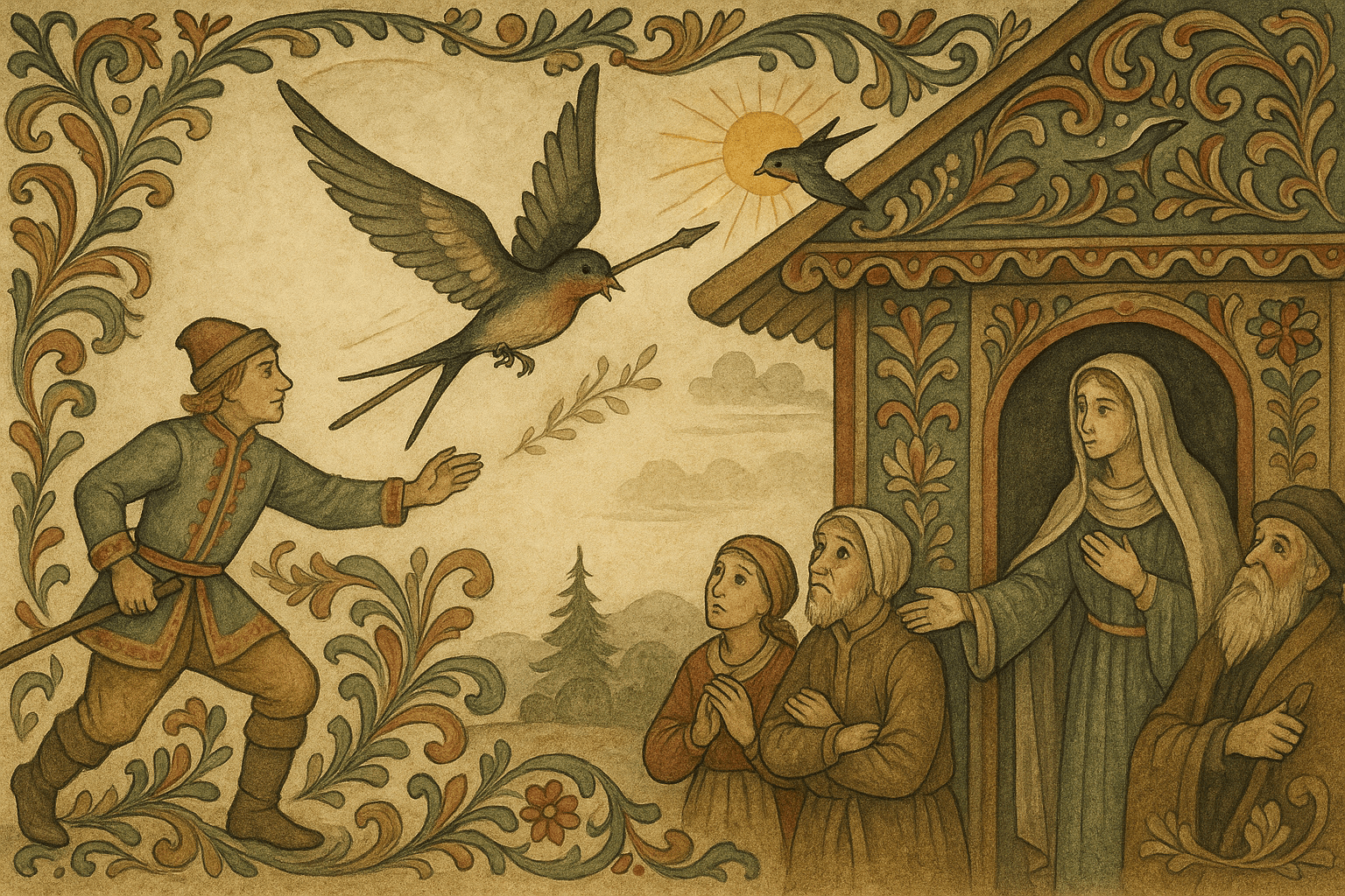 En soldat kaster et spyd som treffer svalens hale mens Jomfru Maria ser på og velsigner den; senere bygger svalen rede under takrennen og blir ønsket velkommen hver vår.