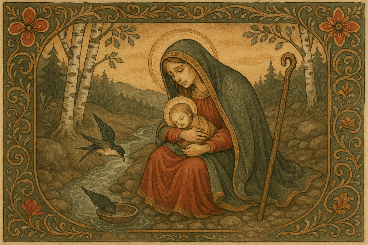 Jomfru Maria sitter ved en bekk med barnet, trøtt, mens en liten sval henter vann i nebbet for å gi henne å drikke.