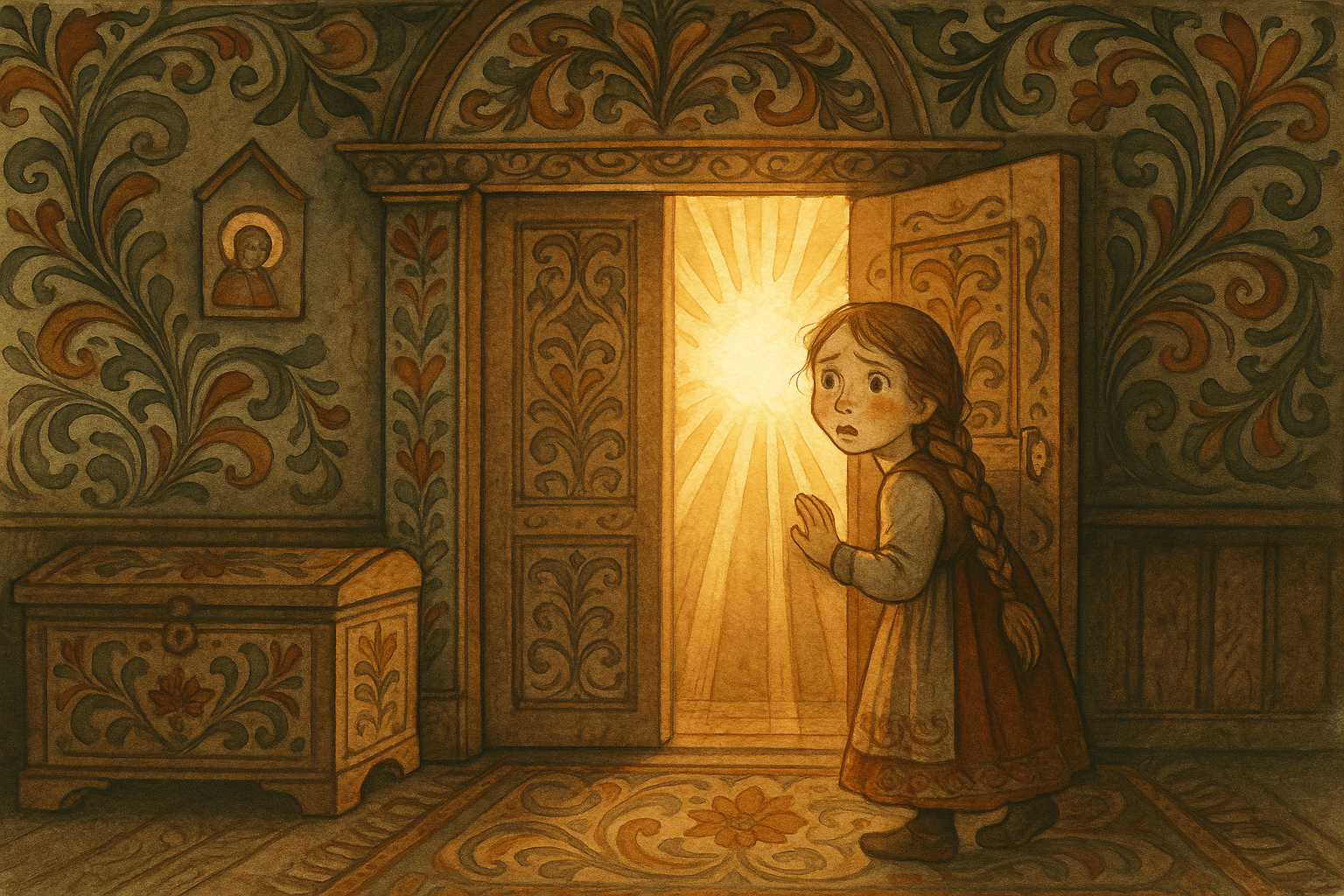 Jenta gløtter inn i det tredje kammerset og en strålende sol flyr ut, lyset flommer over treinteriør og jentas ansikt.