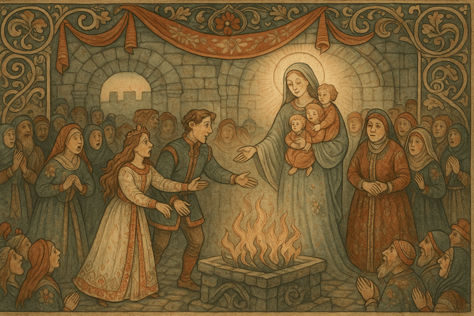 I slotsgården kommer Jomfru Maria med tre barn akkurat idet dronningen skal brennes, og gjenforeningen og tilgivelsen skjer mens folket ser på.