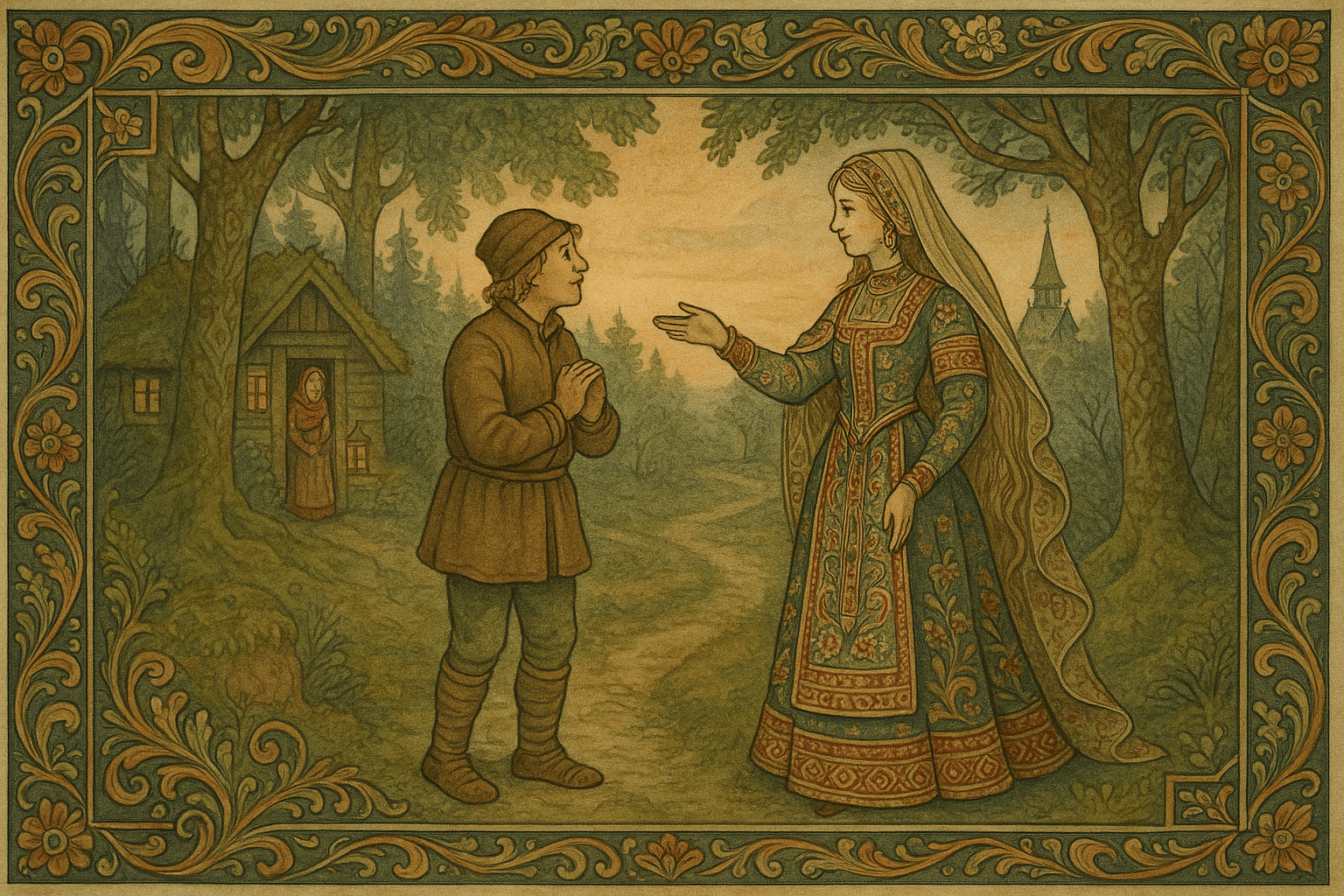 En fattig mann møter en prektig frue ved en skogssti ved skumring; hytta og hans kone vises i bakgrunnen, fruen peker mot kirken.