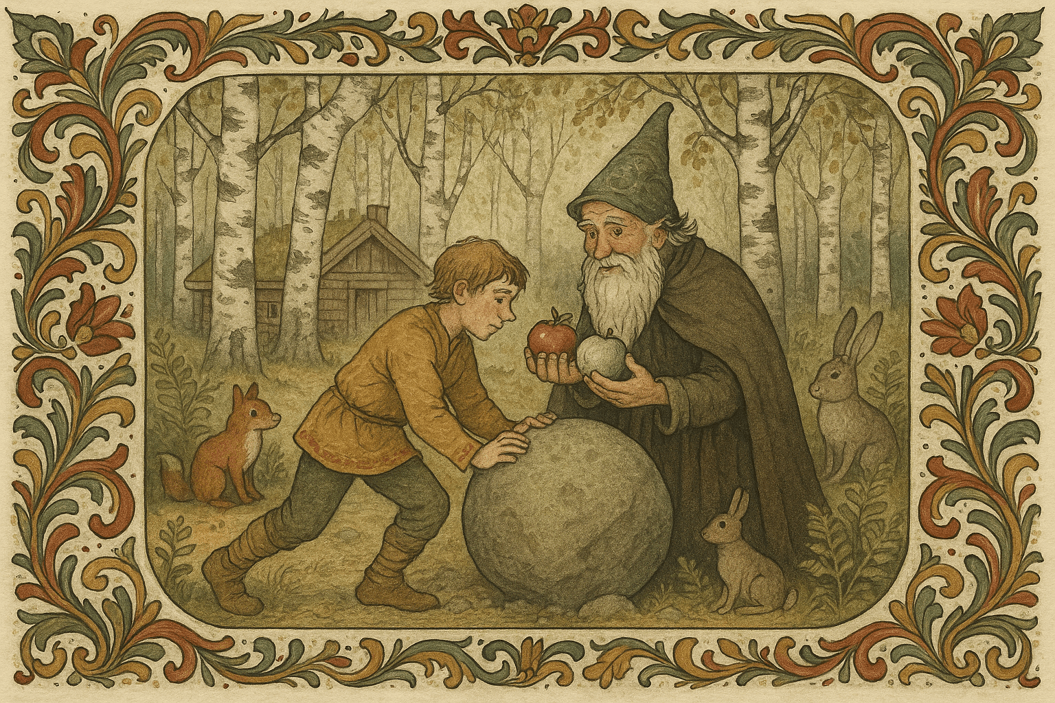 Lars ruller vekk en stein og hjelper en gammel mann i en bjørkeskog, mannen gir ham tre glødende epler.