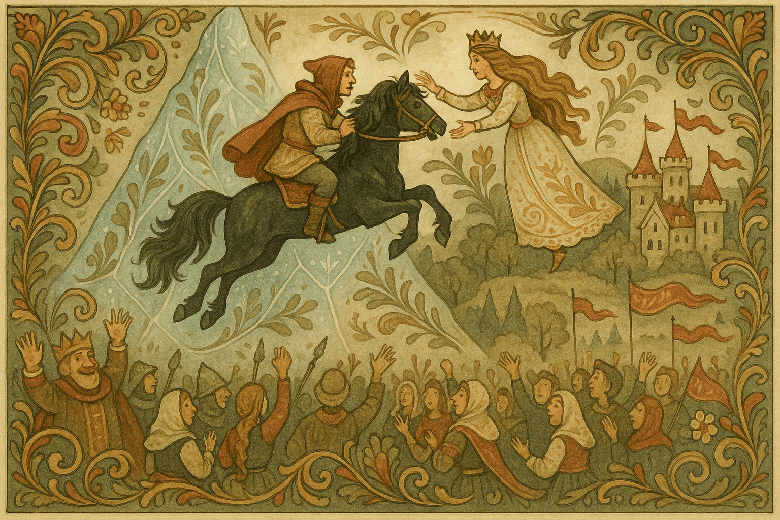 En svart hest rir rett opp glassberget til toppen, Lars avslører seg og tar prinsessens hånd; folkemengden jubler under.