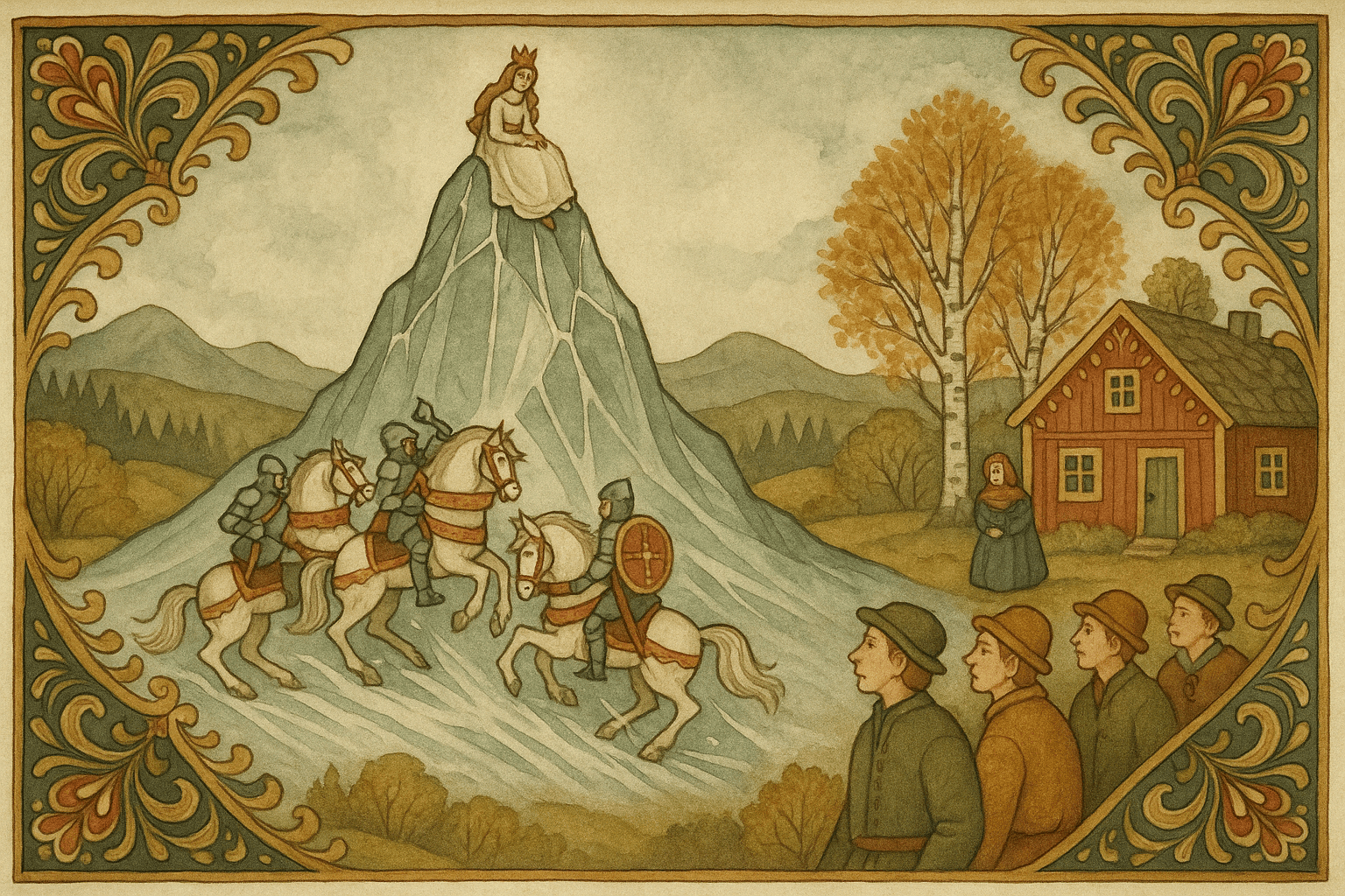 Et høyt glassberg med prinsesse på toppen, prinsene forsøker å ri opp mens folk og tre brødre ved en rød gård ser på.