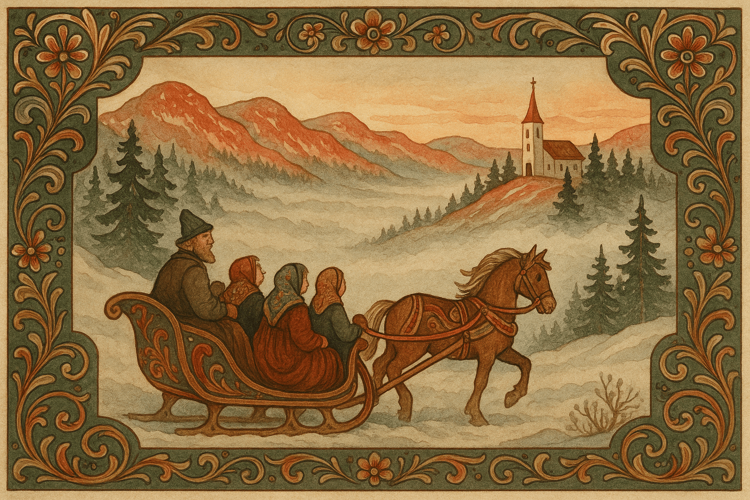 Reisefølget på høydeterreng over tåkehavet med solens røde vinterskjær og en kirketårn som peker opp fra granholtet.