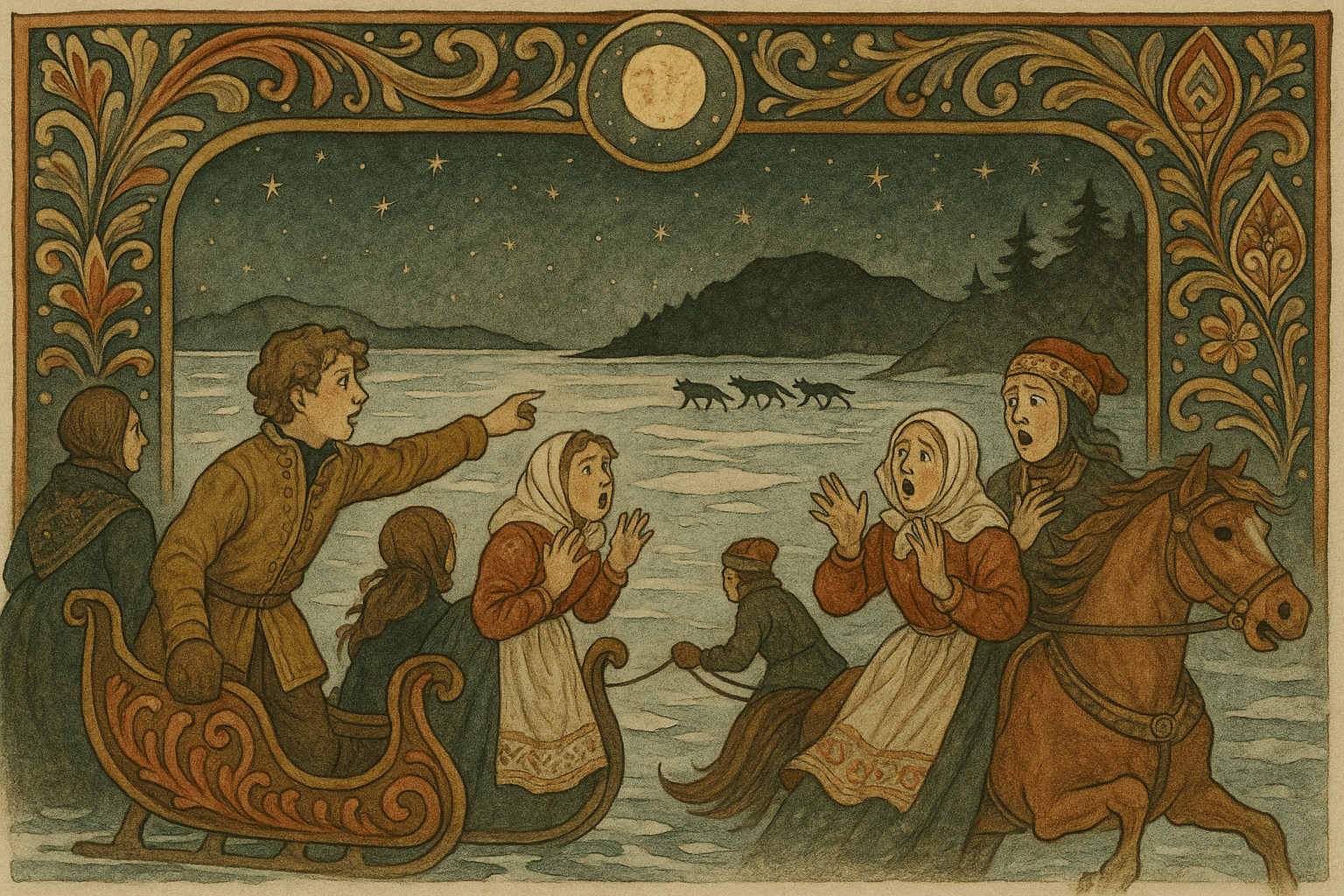 Månelys over fjorden mens reisende oppdager en ulveflokk på isen, med folk som peker og blir redde.