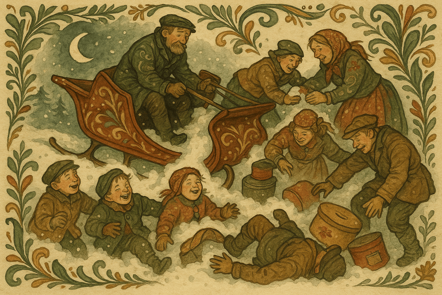 En sluff som har veltet, mennesker og kofferter spredt i snøen mens reisende kravler opp og ler.