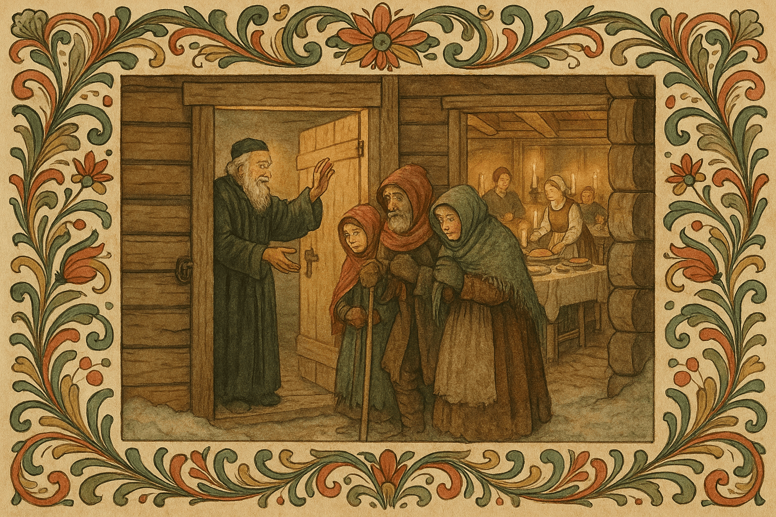 Den gamle presten ønsker de forfrosne reisende velkommen inn i prestegården til et varmt julekveldsbord.