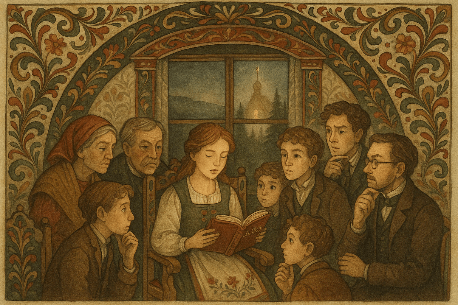 Marie leser fra sin dagbok i stuen; utenfor synes en drømmeaktig usynlig kirke på moen som hun beskriver.