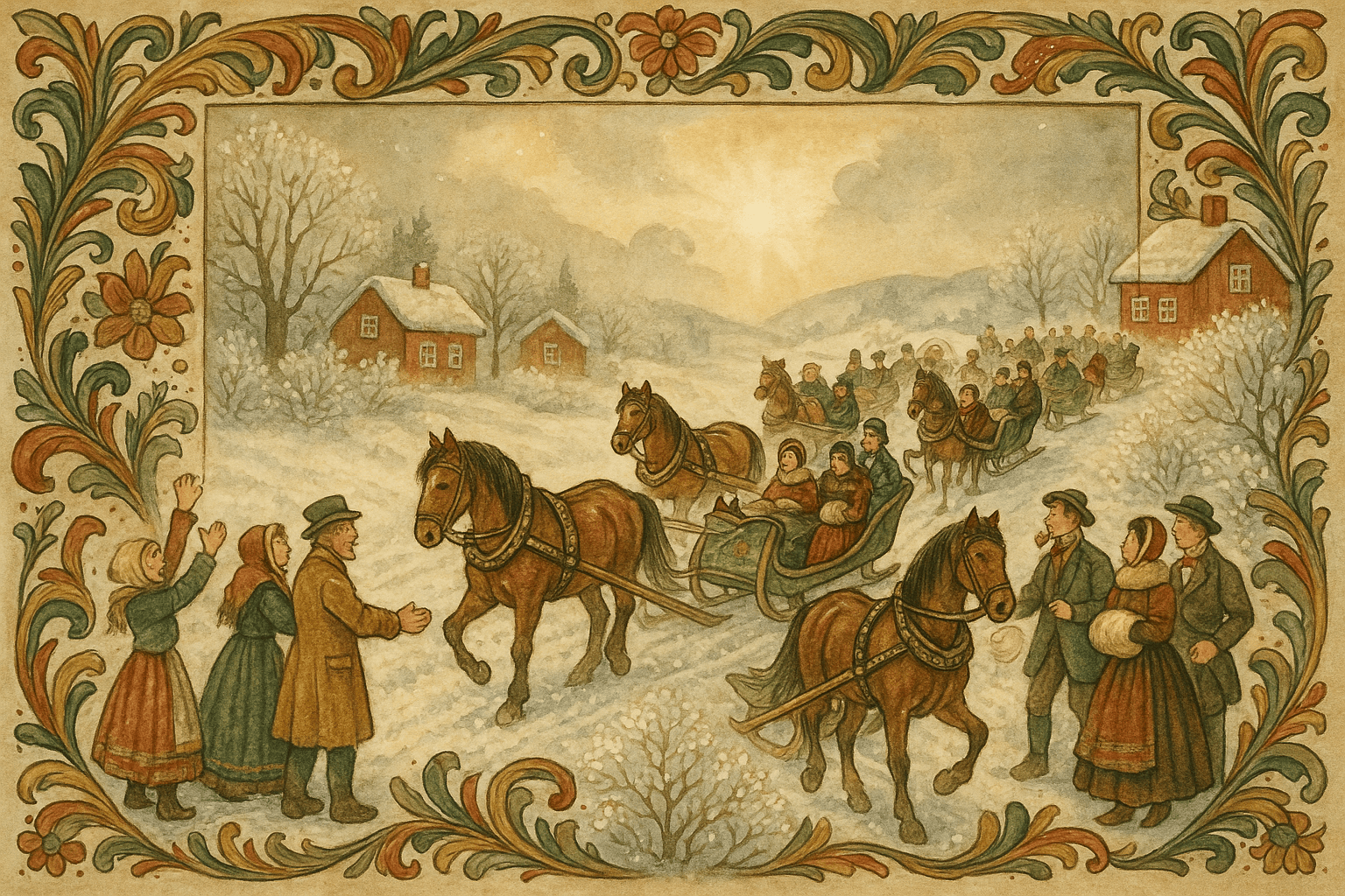 Avreise på juleaften med en lang rekke sleder, bjeller som klinger, hester og reisende kledd i vinterklær på en snødekt vei.
