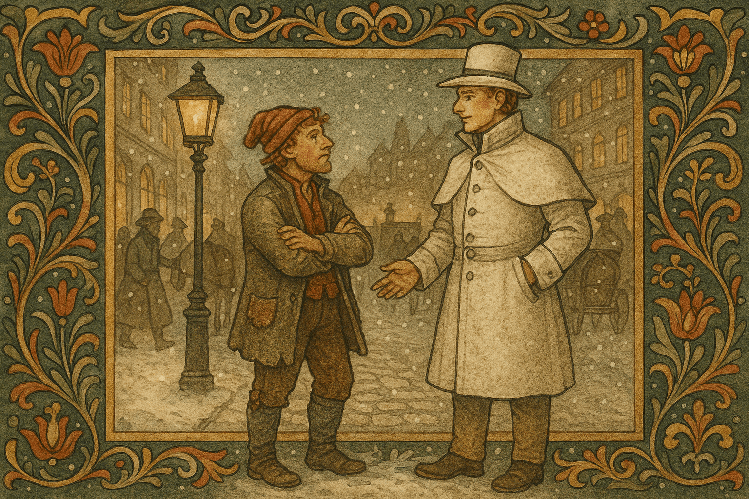 Johannes i landskapsklær møter en stor mann i kvit kofte på en snødekt københavnsk gate juleaftan, med lanterner og boder i bakgrunnen.