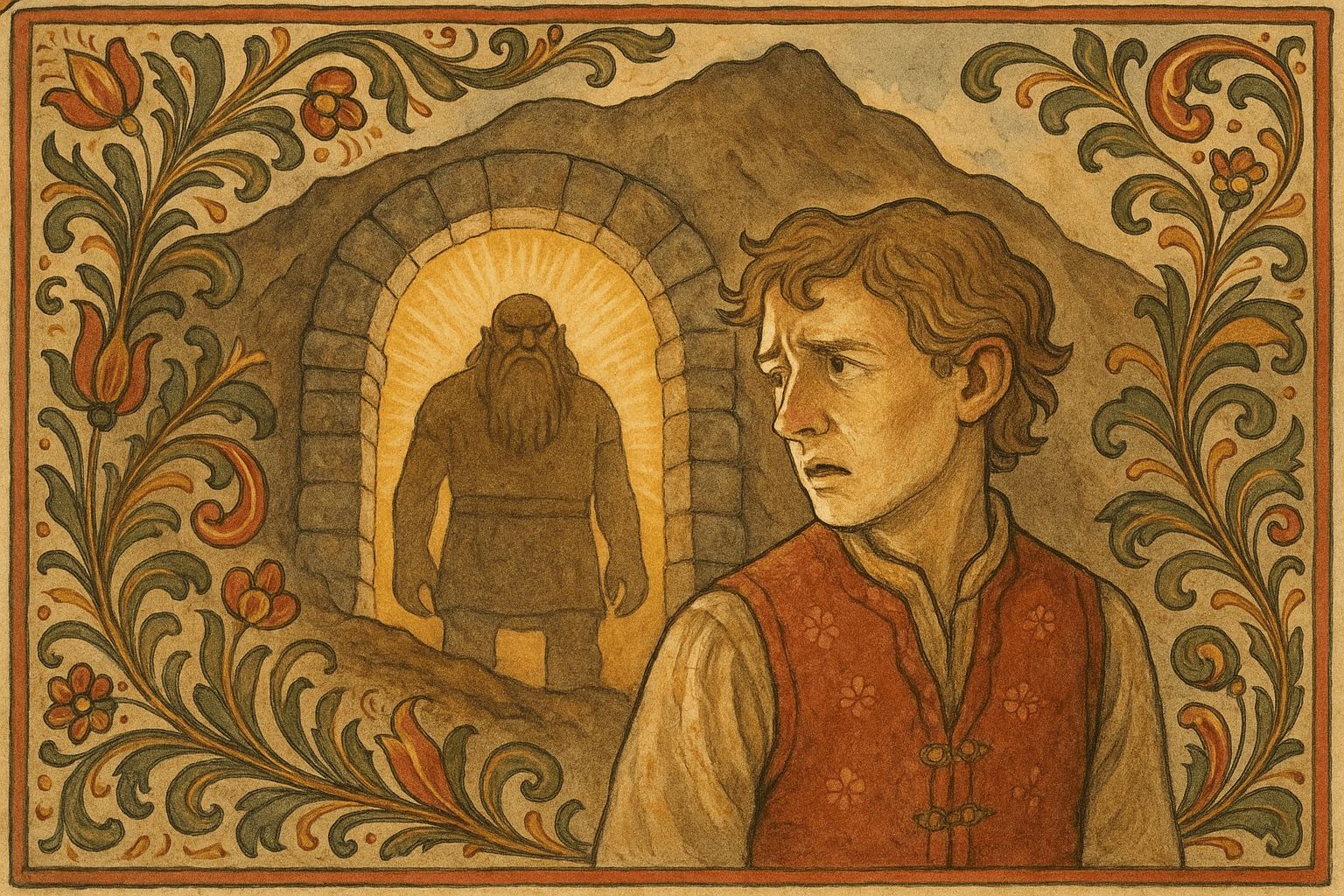 Johannes snur seg og ser Jutulsporten flomme av lys og jutulen stå i åpningen; ansiktet hans lyser opp og hodet sitter skakt.