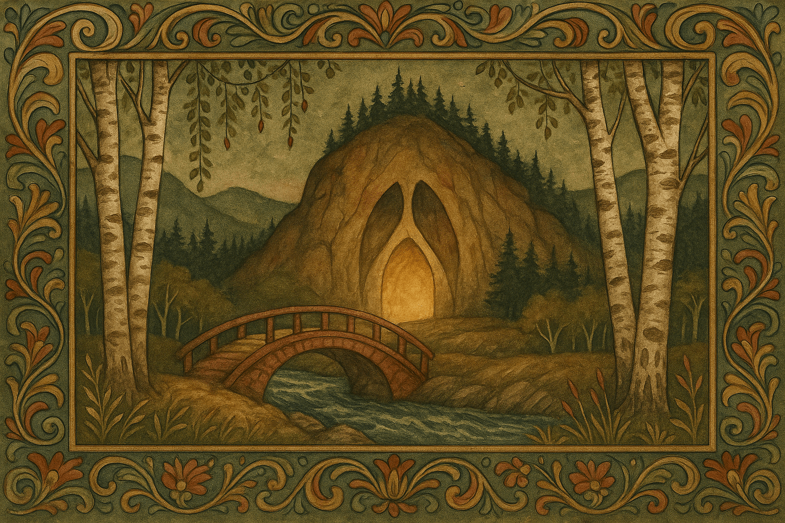 Jutulsberget med den store, spissbuede Jutulsporten i bergveggen, broen over Finna i forgrunnen og hvitstammede bjørker som rammer inn.