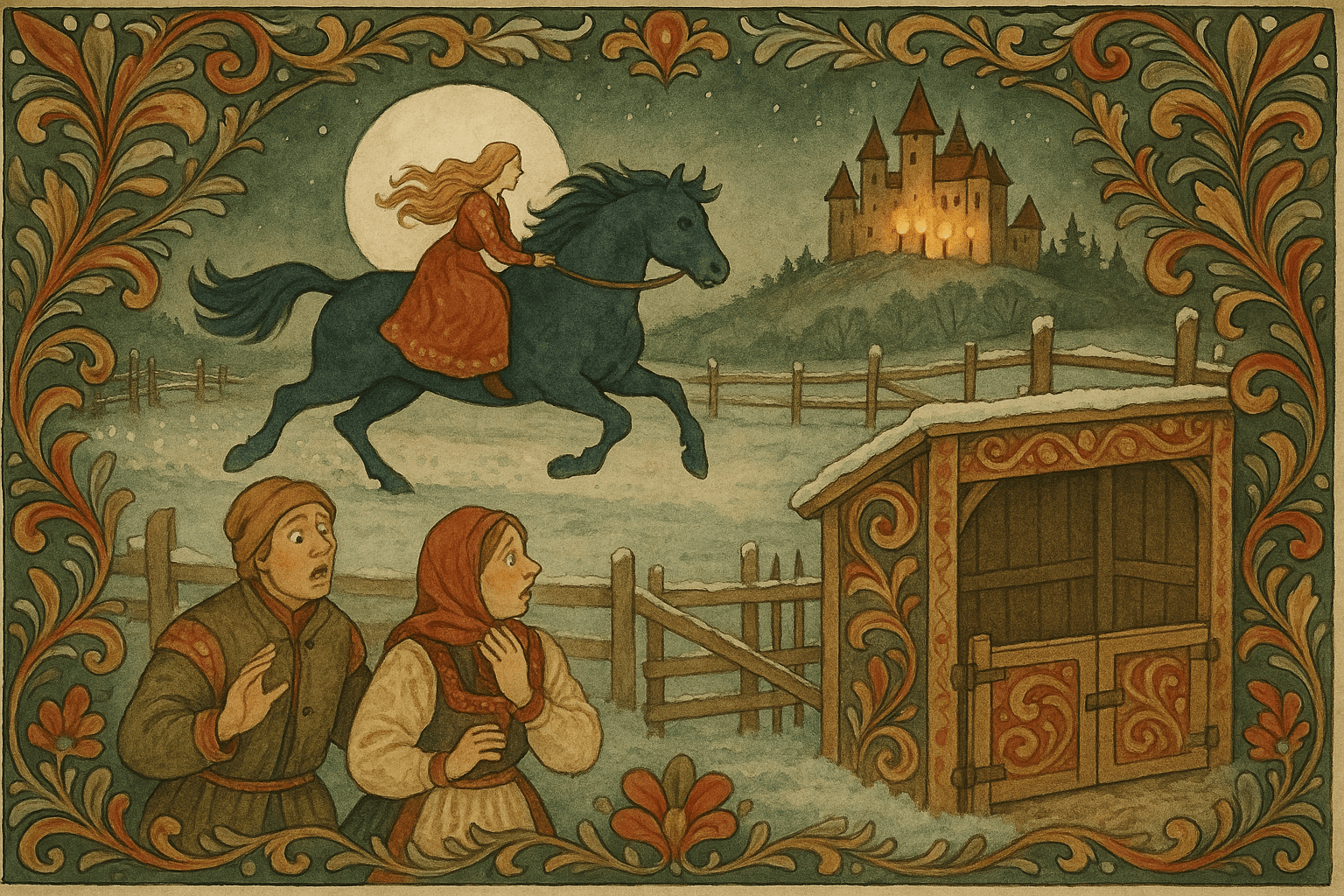 Under måneskinn flykter kongsdatteren på stuten bort fra slottet, mens tjenere ved daggry oppdager det tomme fjøset. Stemningen er hastig og dramatisk.