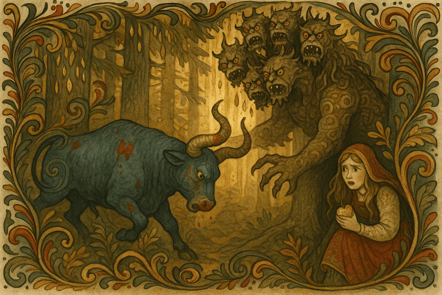 I en tett gullskog kjemper den sårede stuten mot et nihodet troll mens kongsdatteren gjemmer seg med et gulleple i hånden. Scenen er voldsom og eventyrlig.