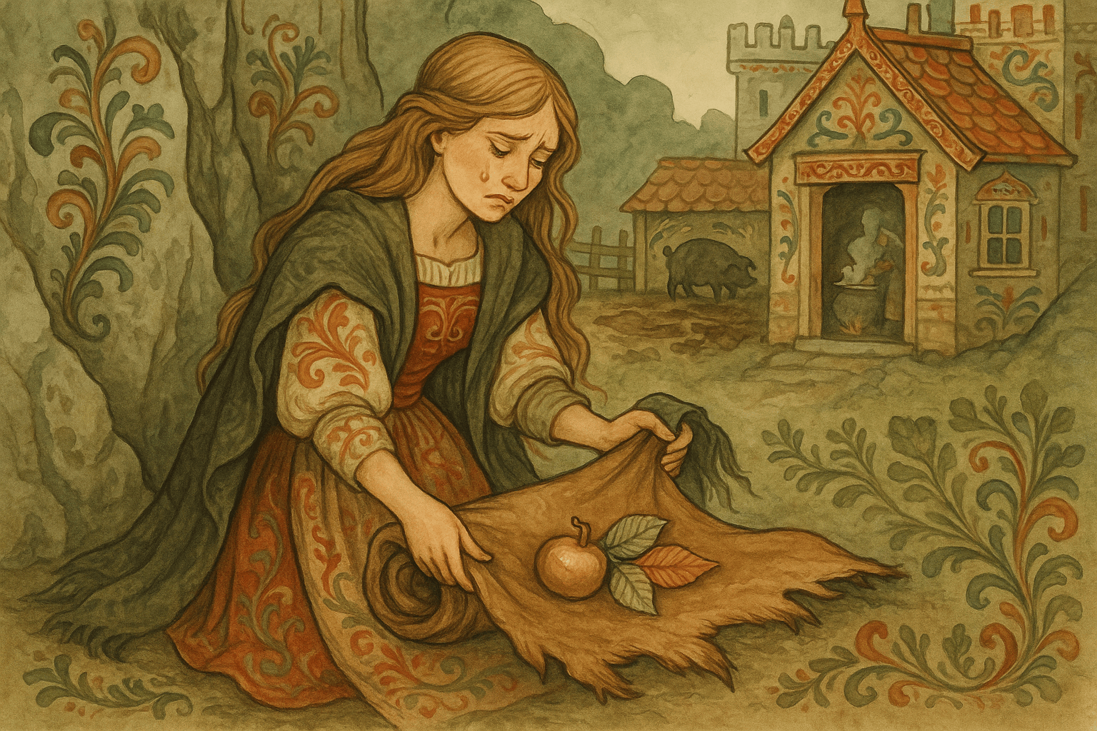 Ved bergveggen legger kongsdatteren stutenes hud sammen og skjuler kobberblad, sølvblad og gulleple inni, før hun tar på seg trestakken ved grisehuset. Stemningen er trist men bestemt.