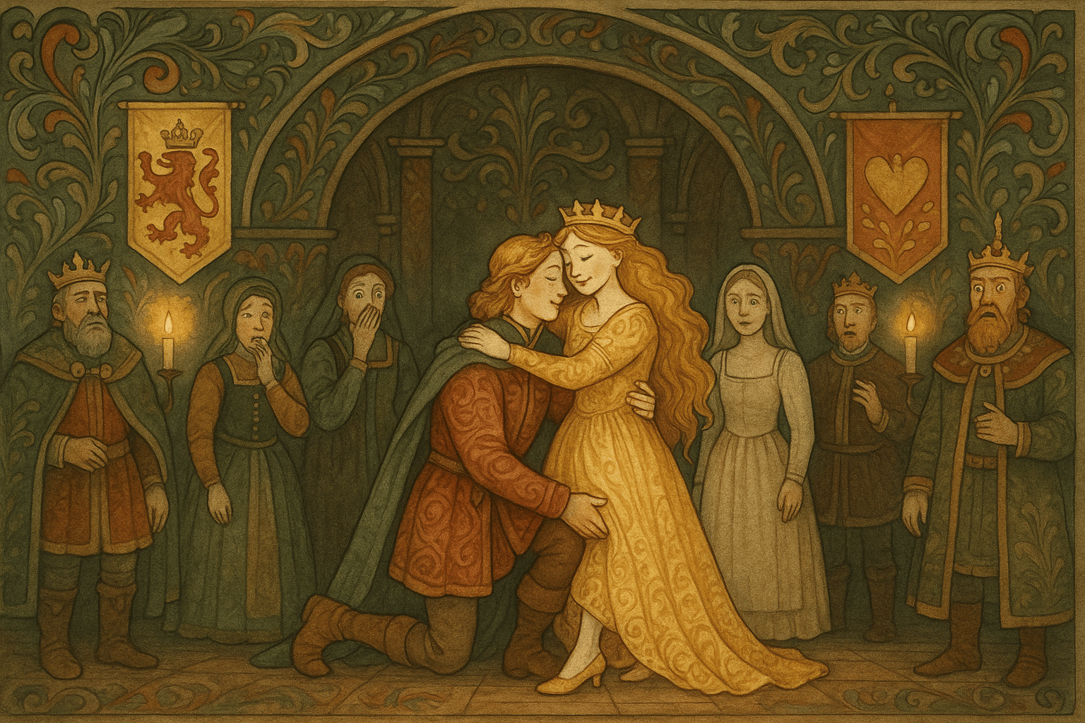 I rikssalen tar prinsen på gullskoen som passer Kari, som kaster av seg trestakken og står i gullkjole, og han omfavner henne mens forsamlingen ser på. Scenen er glad og endelig.