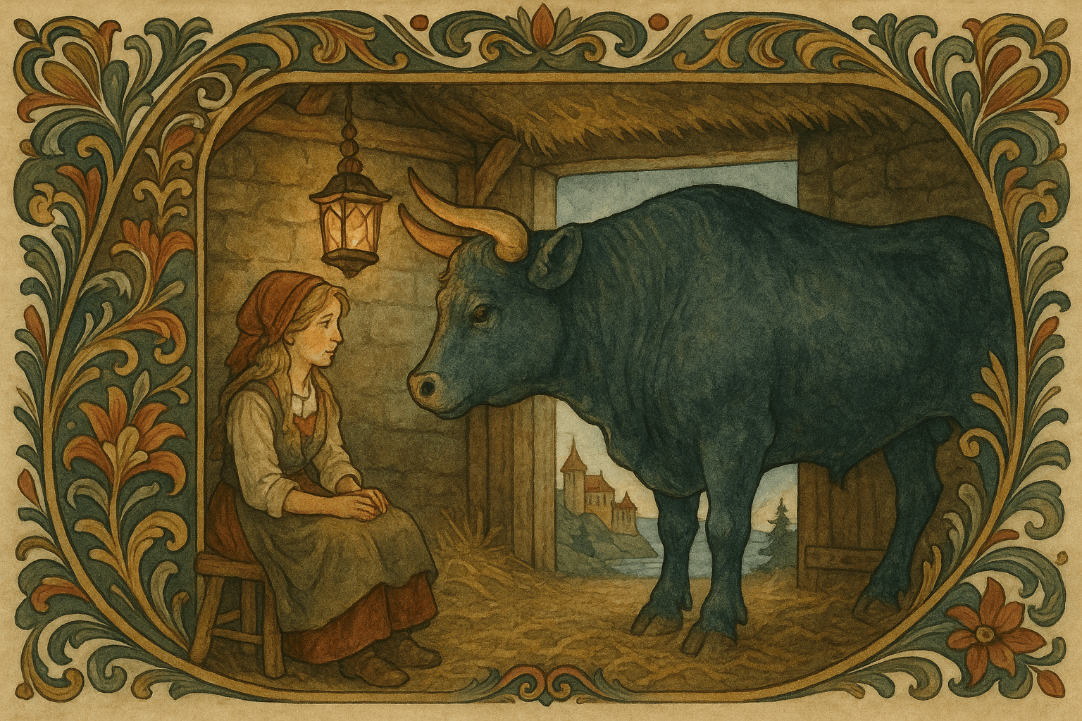 Kongsdatteren sitter i fjøset og gråter mens den store blå stuten lener seg mot henne og ser på henne ømt. I bakgrunnen synes slottet og barske furuer under nordlig himmel.