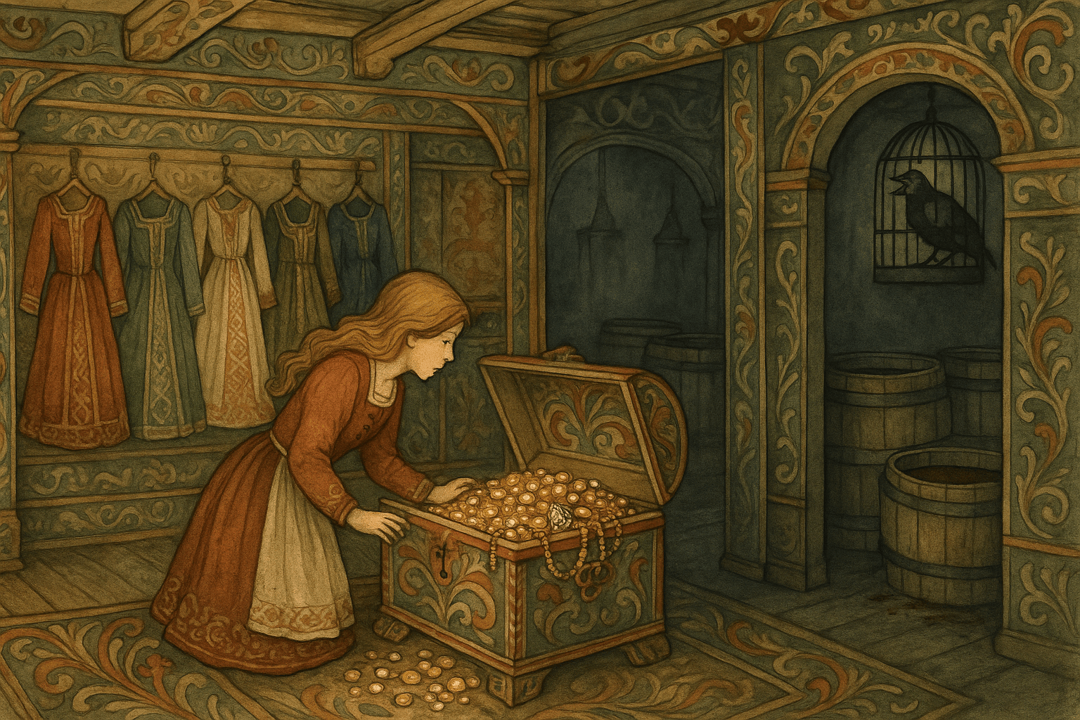 Da hun kom inn i kammerset, ropte den det samme igjen. Der sto det en hel hop med dragkister; hun dro ut skuffene, og de var fulle av gull og sølv-stas og alt det som gildt var.