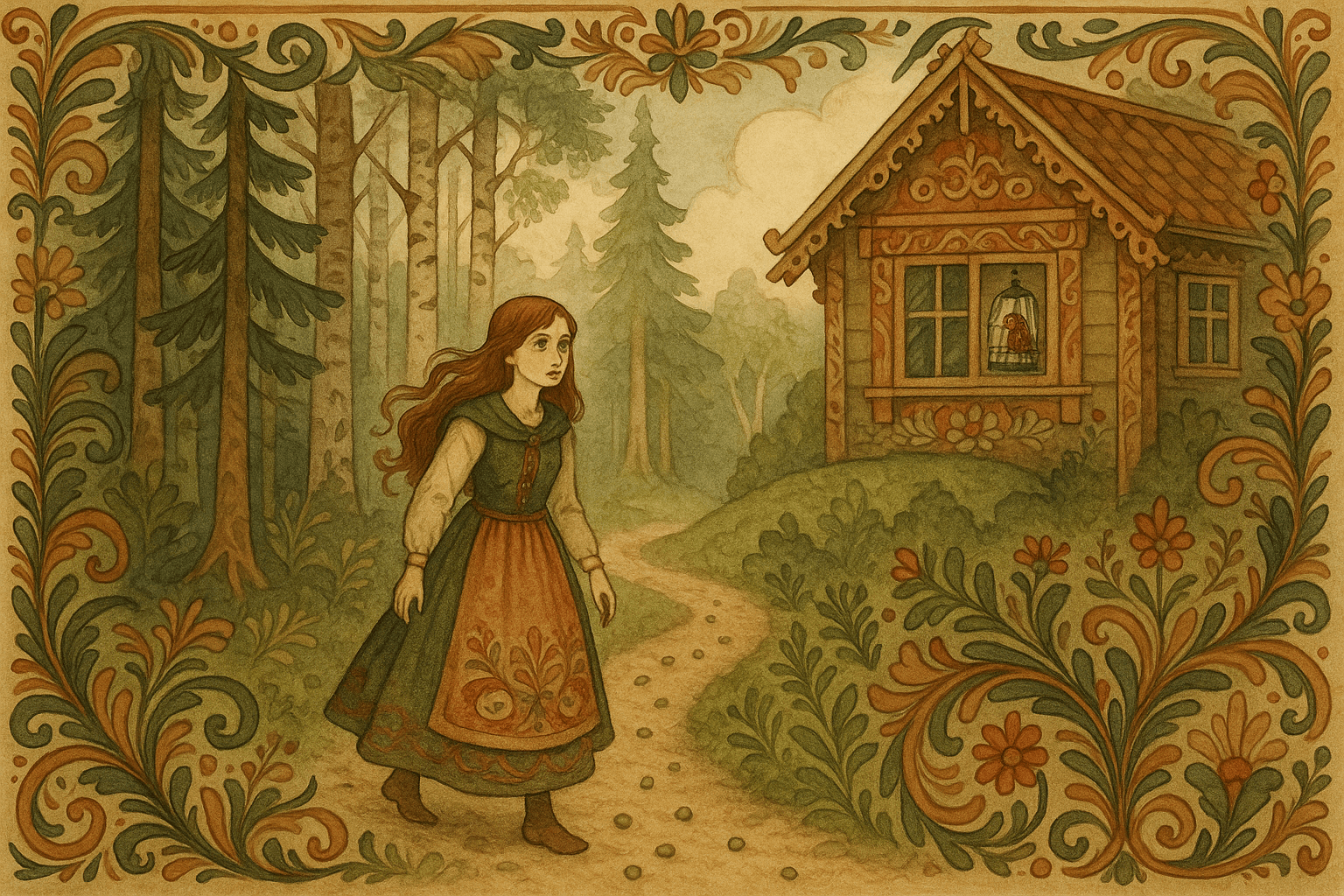 Hun gikk både langt og lenge gjennom skog og mark, og til sist kom hun til et stort gildt hus som lå på en grønn voll midt i skogen