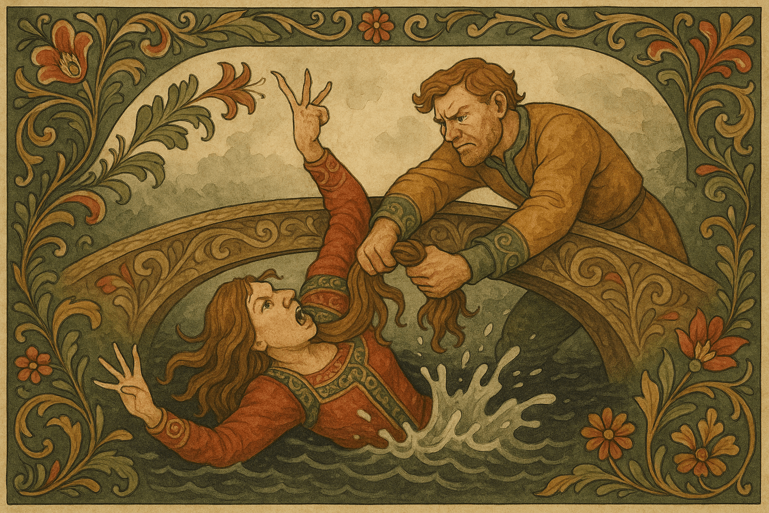 Kjerringa faller fra en trebro ned i en dyp høl mens mannen holder i hårtoppen og prøver å holde hodet over vannet; vannsprut og anspente ansikter.