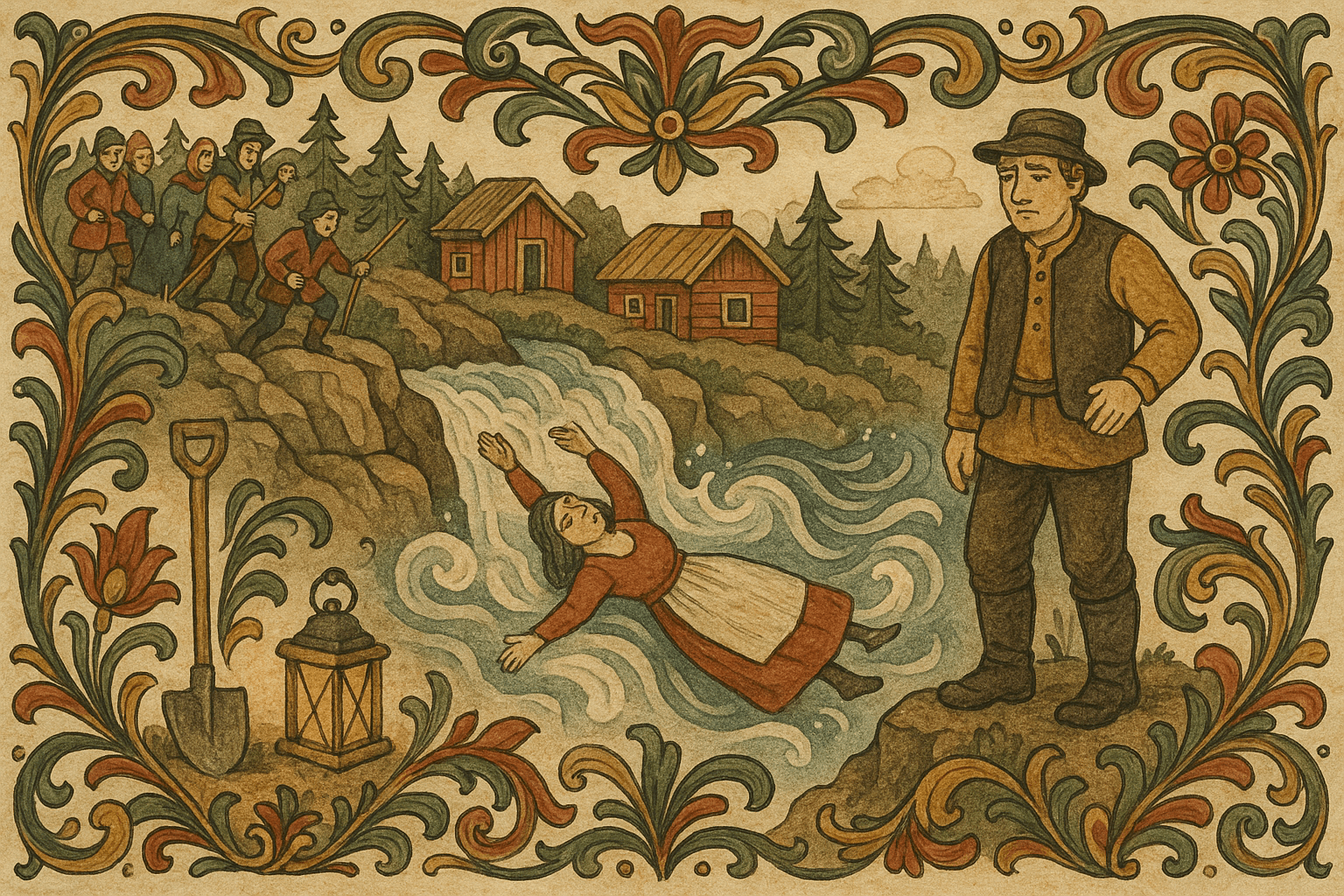 Folk leter langs elva og ovenfor fossen; kjerringa ligger fast mot strømmen ovenfor fossen, omgitt av bekymrede bygdefolk.