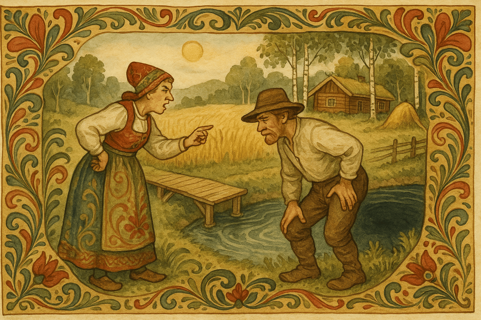 En mann og hans tverre kone på elvebredden ved en åker, i kraftig diskusjon; en smal trebro og en dyp høl vises i bakgrunnen.