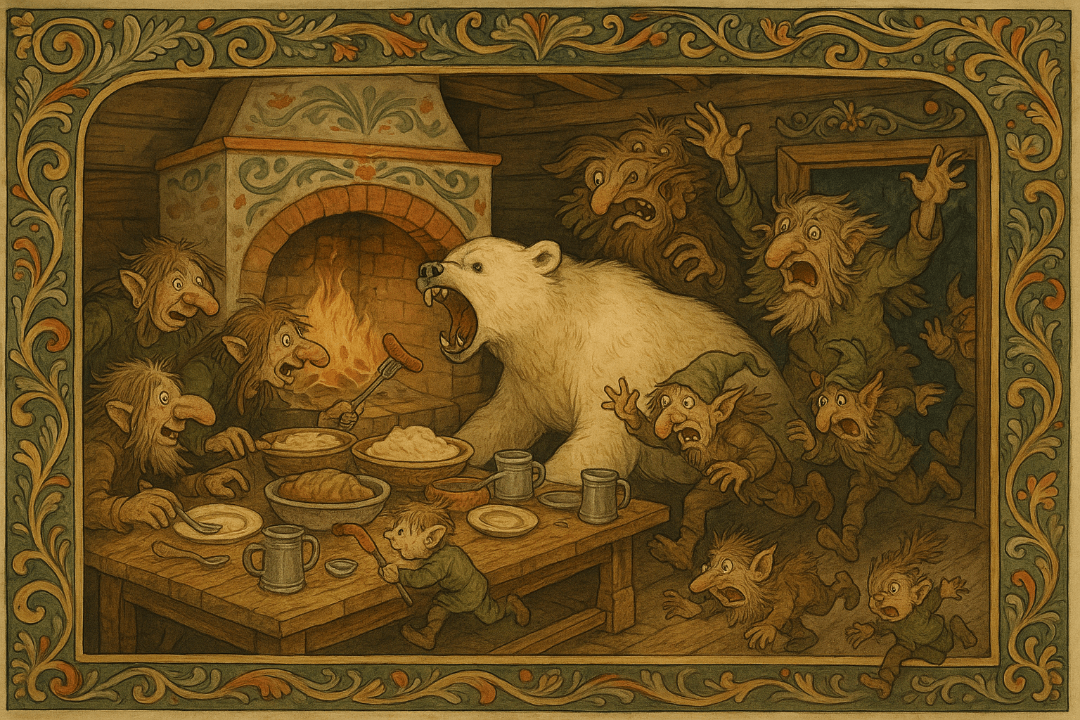 Troll i ulike former spiser julemat i stua mens et trollbarn stikker en pølse inn i nesen på kvitbjørnen under ovnen. Bjørnen reiser seg og jagar trollene ut.