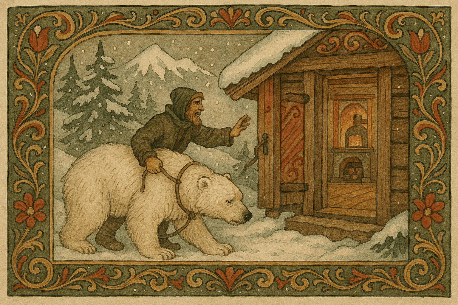 En mann fra Finnmark med en stor kvitbjørn ved inngangen til Halvors tømmerstue på Dovrefjell på julaften. Varmt stuelys og ovn vises inne, bjørnen ligger under ovnen.