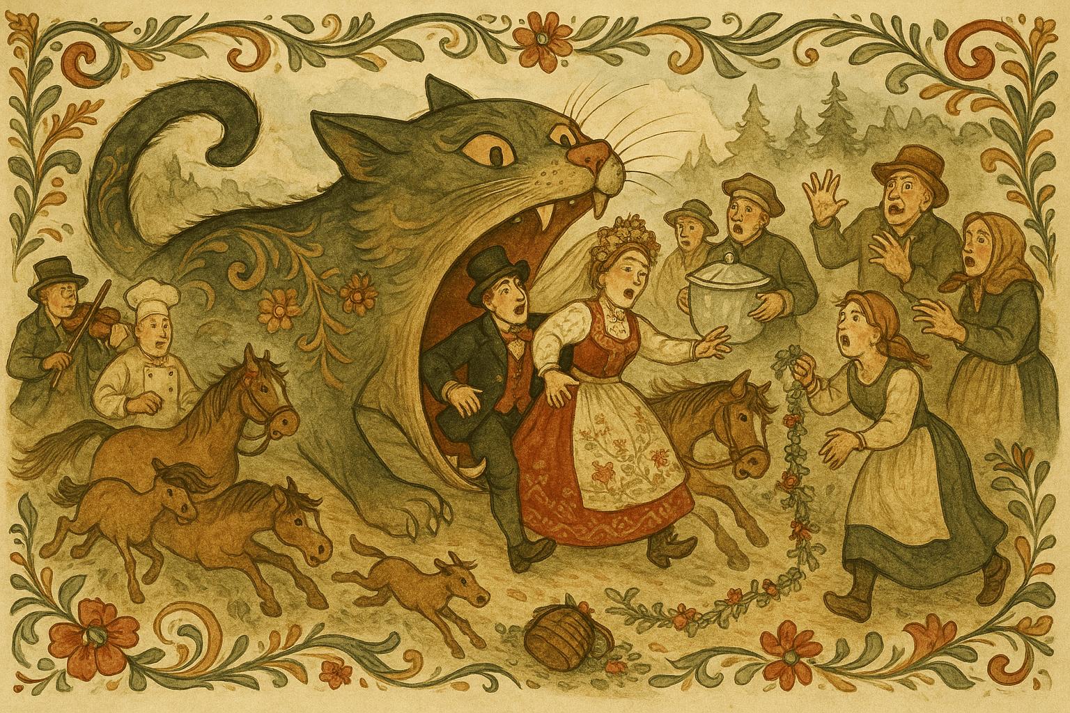 Kjetta angriper et brudefølge på veien og svelger brud, brudgom, kjøkkenfolk, spillemenn og hester i ett jafs.