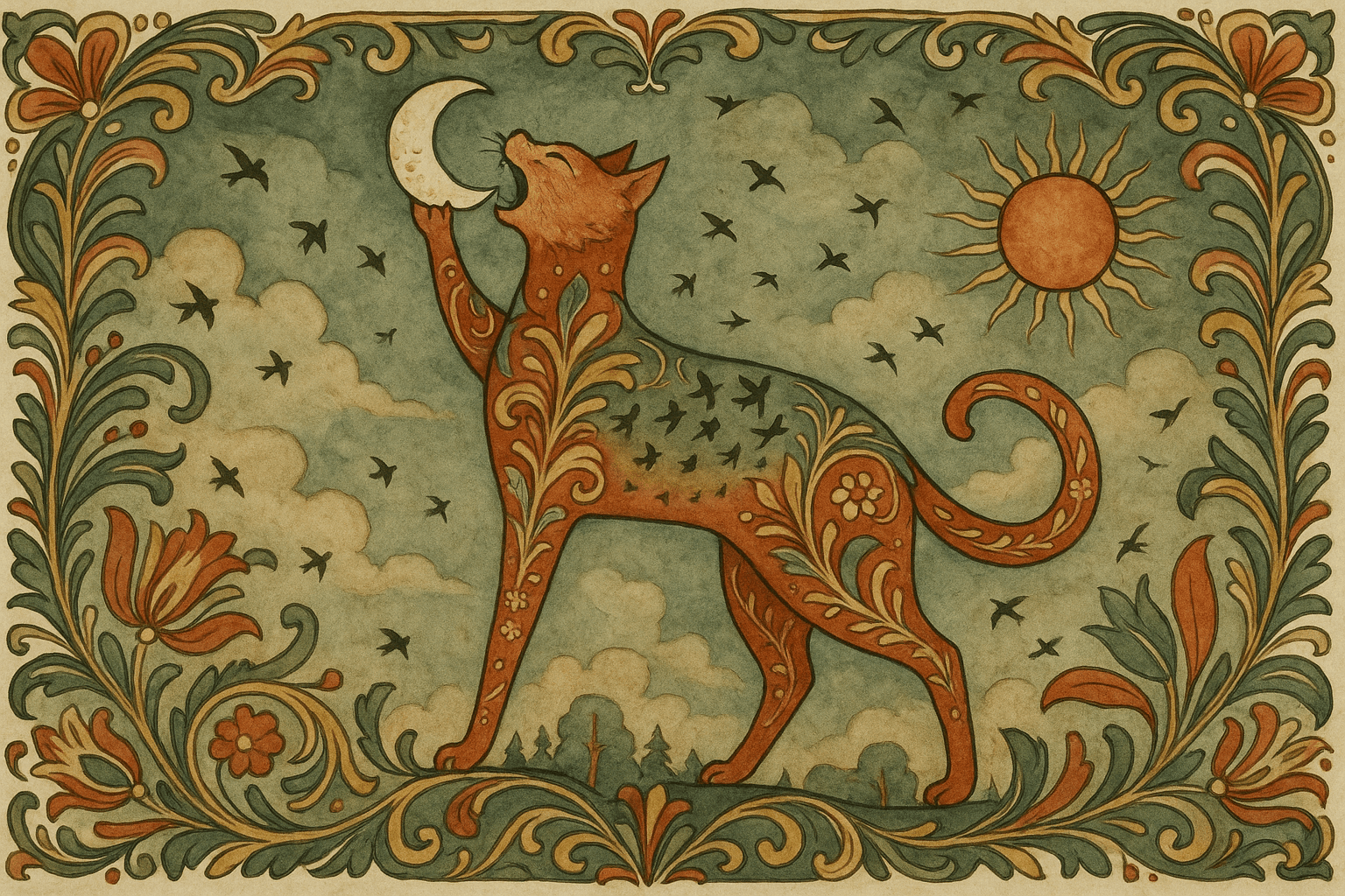 Kjetta i skyene spiser månen som er delvis fortært, og vender seg mot solen på himmelen.