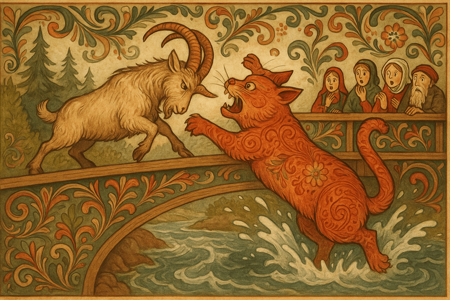 En diger geitebukk stanger kjetta på en bred bru så hun rives ut over kanten og faller i elven.