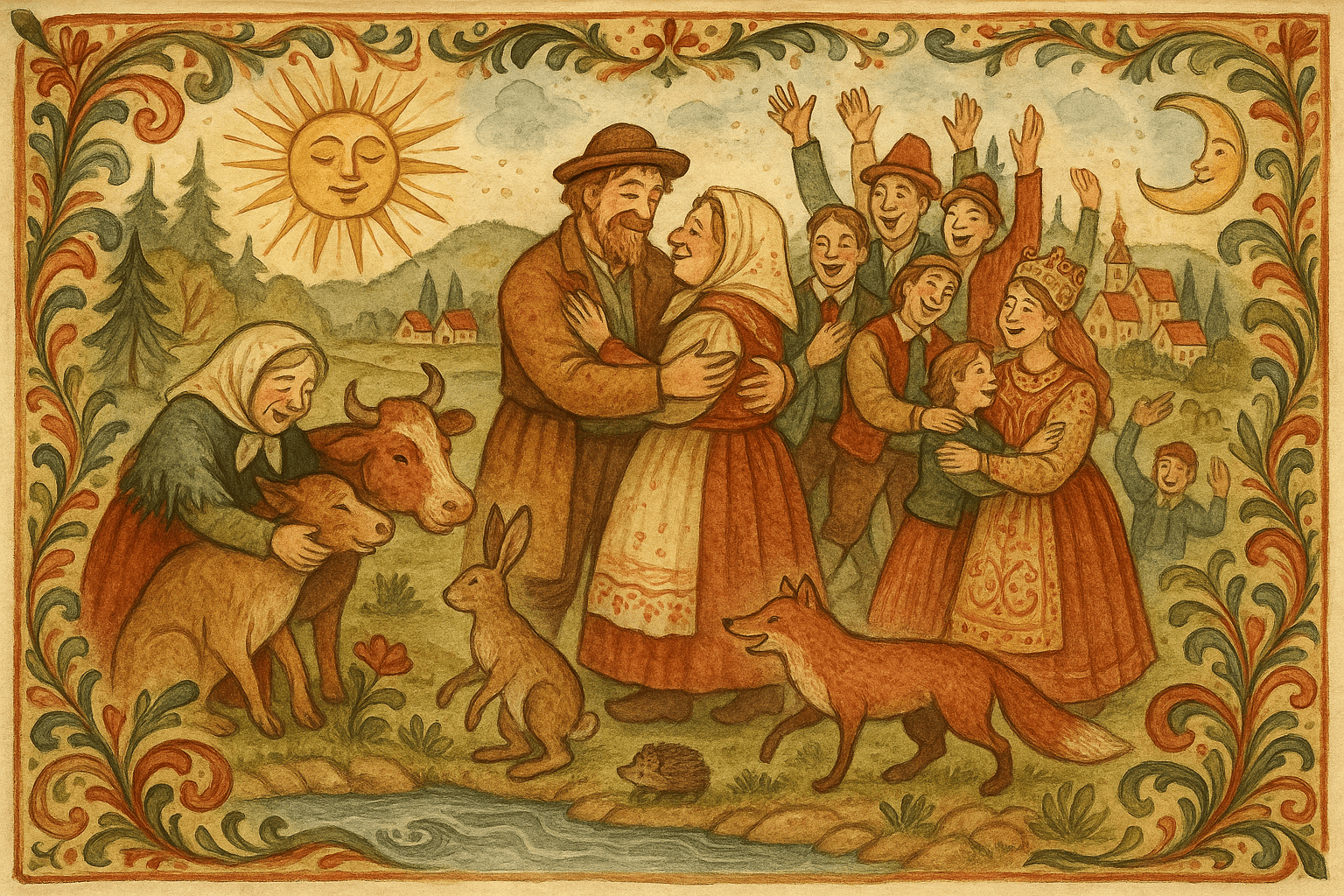 De som kjetta hadde svelget kryper ut og blir frelst; folk og dyr står glade på elvebredden under solen og månen.