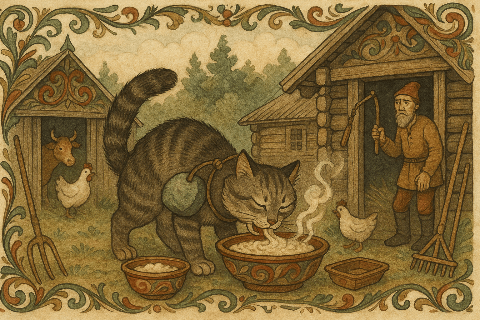 En stor kjetta med stein om halsen eter et grautfat og et fett-trau på en norsk gårdsplass, mens mannen står ved låven og tresker.