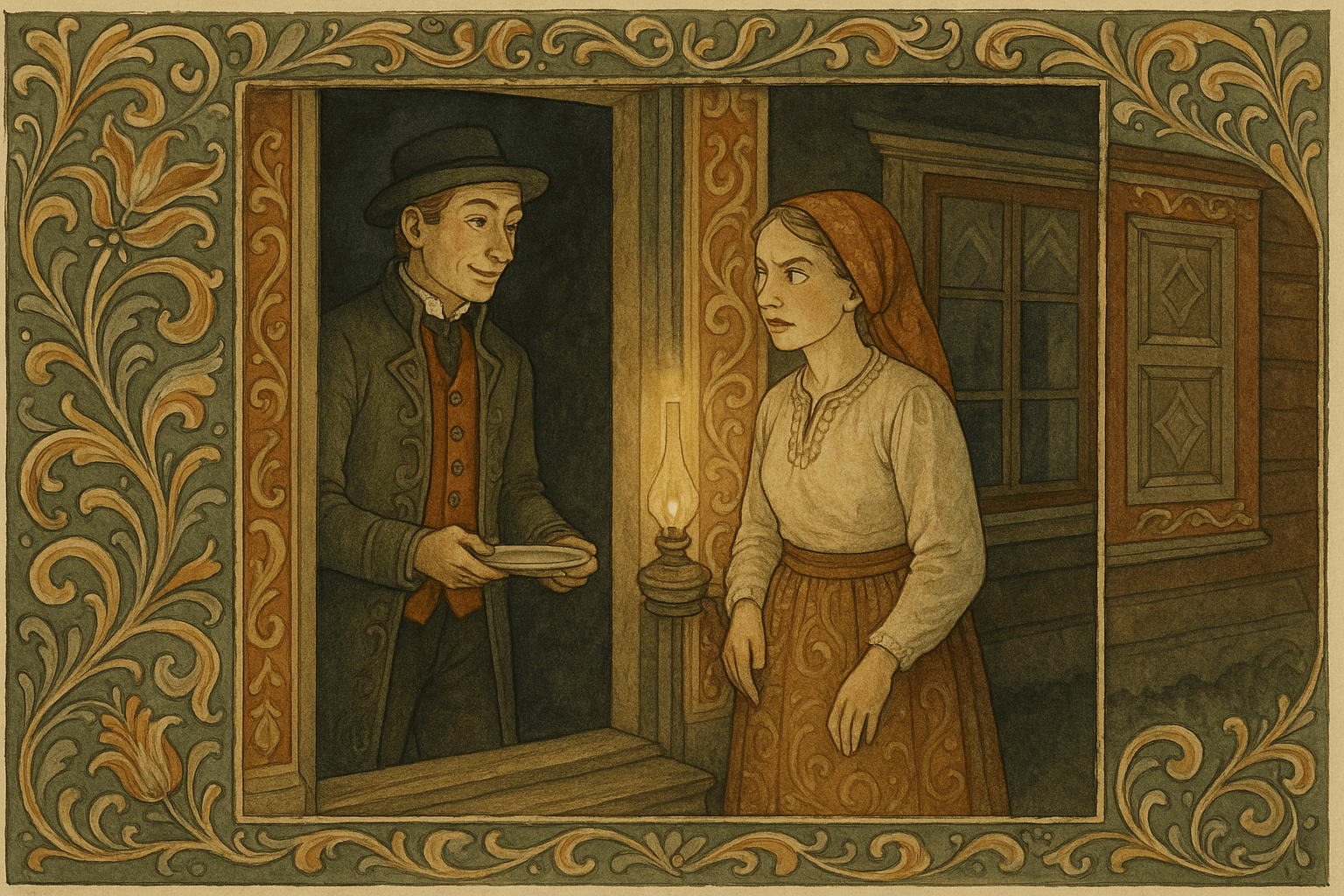 Erasmus står i døren på Storstedet med en liten nattverdskål mens Kari, opplyst av en lampe, ser mistenksom ut. Natten og tunets stillhet rundt dem forsterker spenningen.