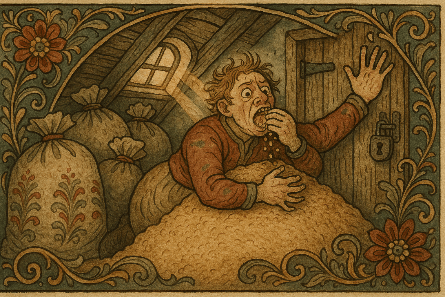 Erasmus ligger i korn på et trangt loft og spiser råkorn mens han hamrer på den låste døren. Lys faller inn gjennom et lite loftsvindu.