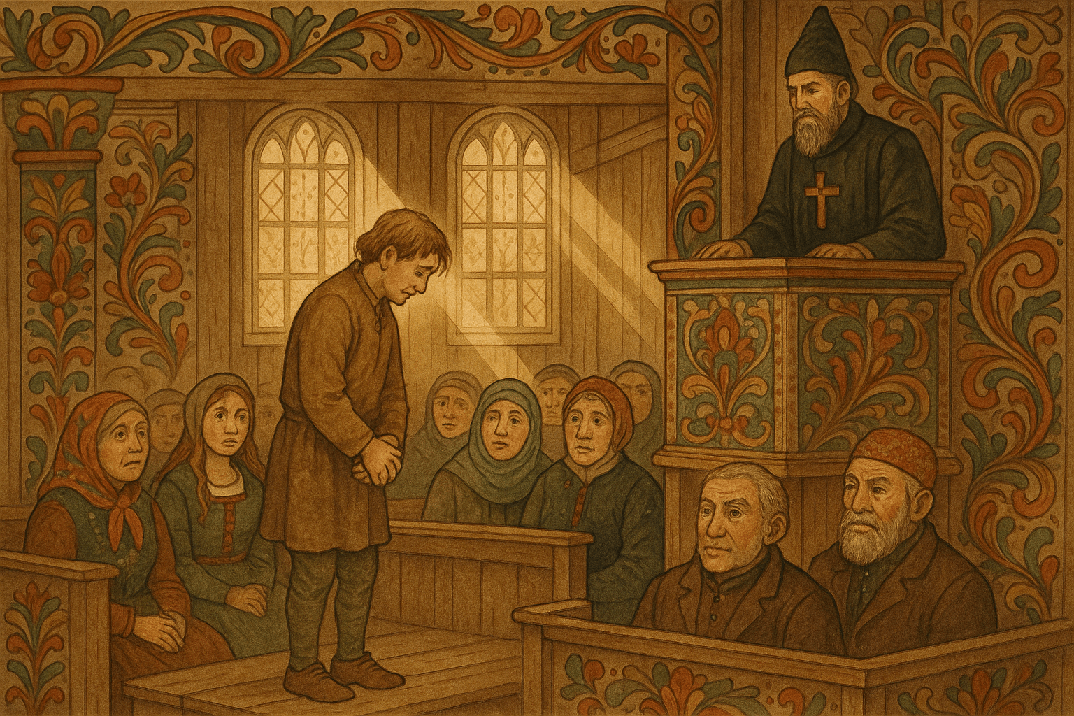 Erasmus står foran menigheten i kirken og bekjenner sine synder mens presten ser på. Folk i kirkebenken viser blandede uttrykk, og sollys strømmer gjennom vinduene.