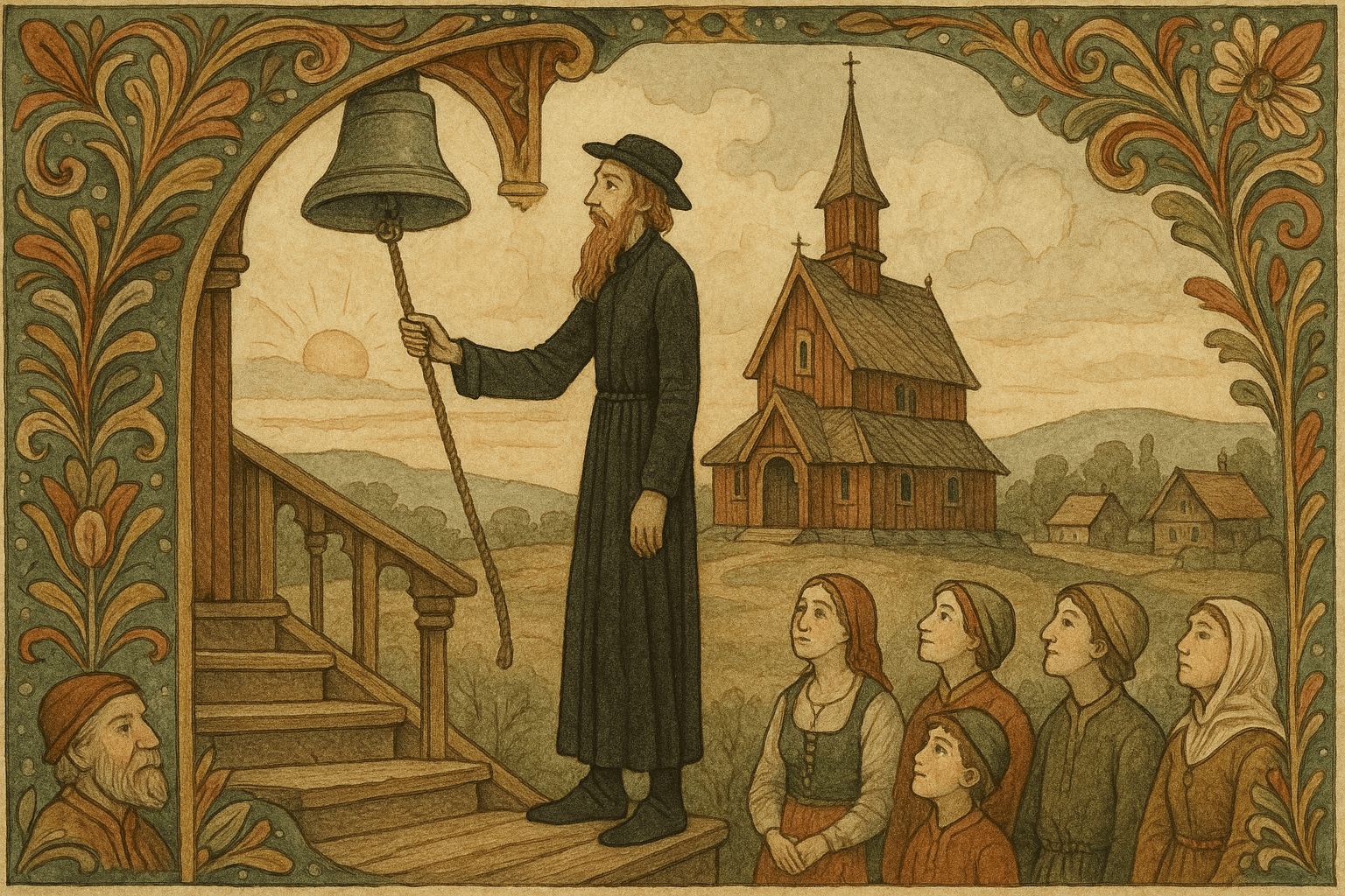 Klokkeren Erasmus står i svarte klær ved kirketrappen med langt skjegg, mens bygdefolk ser beundrende på. En trekirke og gårder ligger i bakgrunnen.