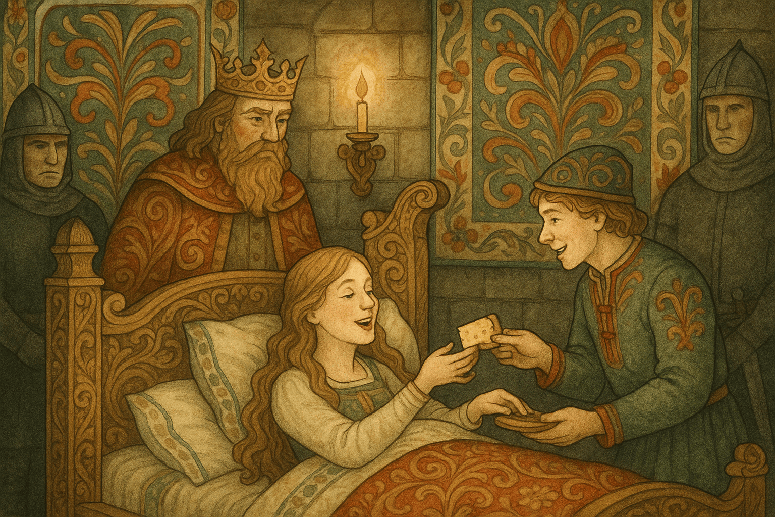 Prinsessen smaker på gammelost fra Kristen og får straks livsgnisten tilbake mens kongen og vakter ser lettet på. Tapestrier og stearinlys gir rommet et varmt, kongelig preg.