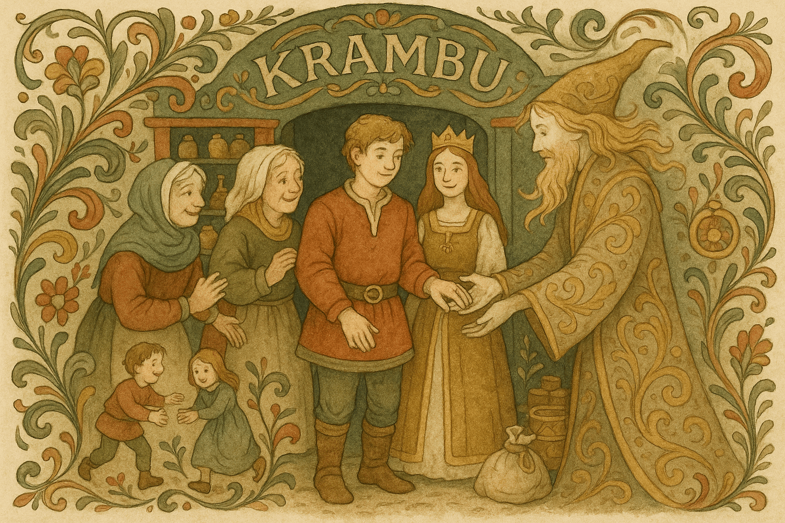 En fremmed mann gir Kristen en skinnende ring utenfor den blomstrende krambua mens prinsessen og moren ser takknemlig på. Barna leker i bakgrunnen og butikken vises fylt med varer.