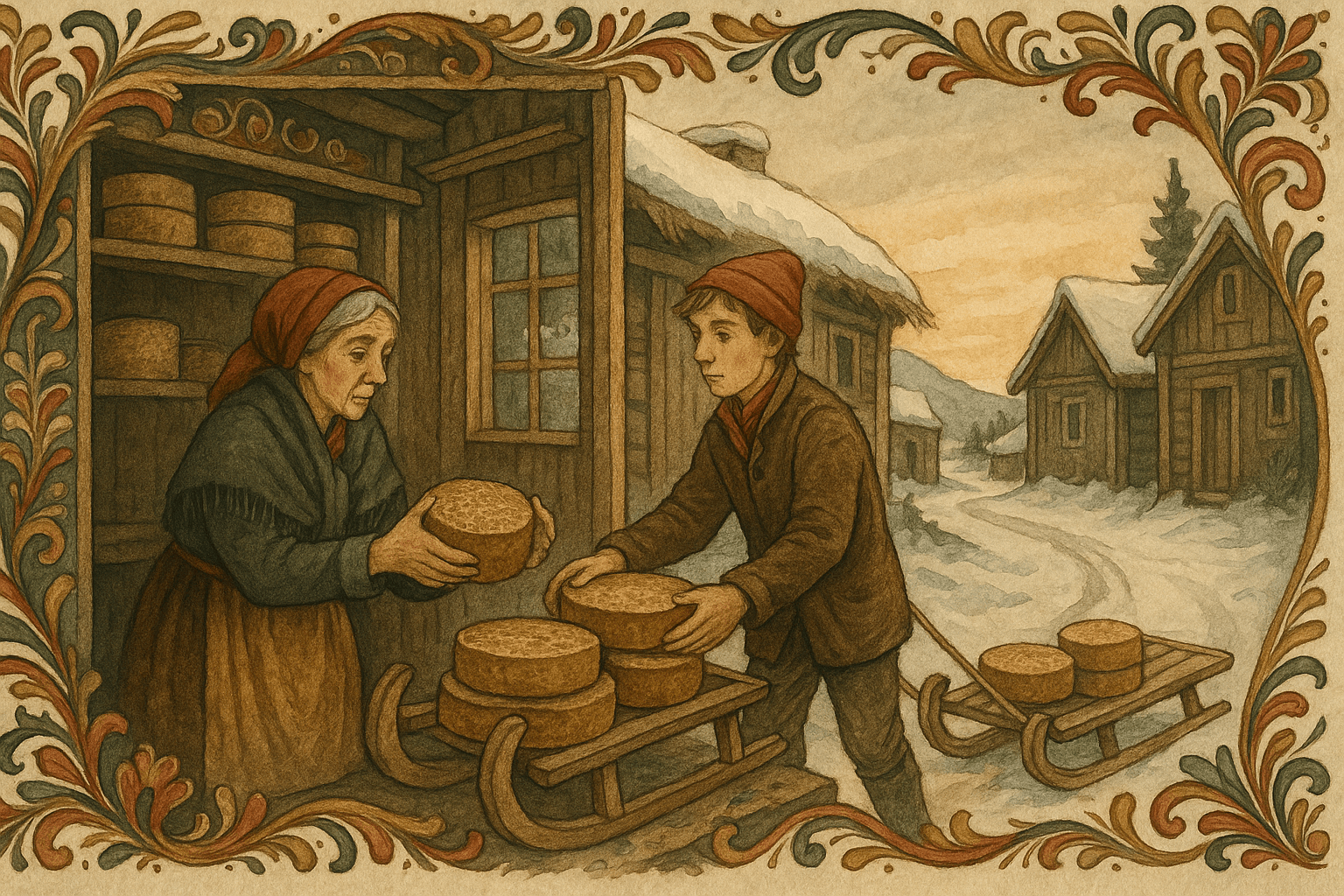 Kristen pakker de siste hjulene med gammelost på en slede utenfor den lille krambua mens moren ser bekymret på. Snø og tradisjonelle trehus med torvtak ligger i bakgrunnen.