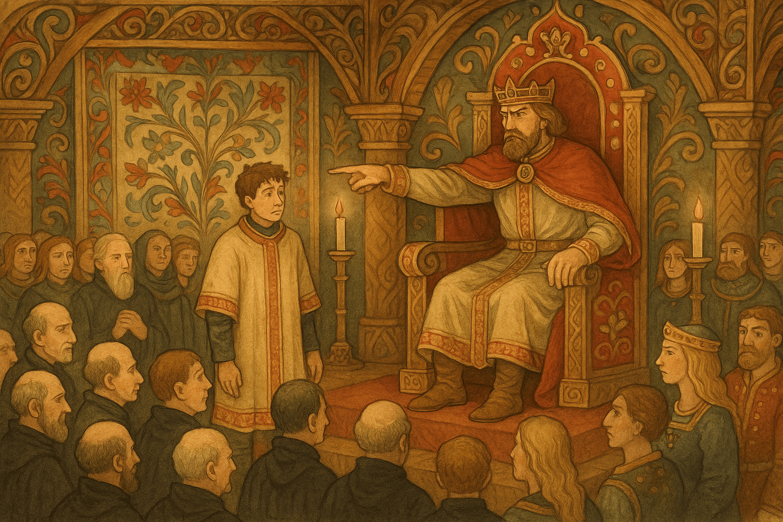 I kongens hall står mange prester samlet; kullbrenneren i presteklær står fremfor kongen som krever å få vite hvem som har tatt ringen.