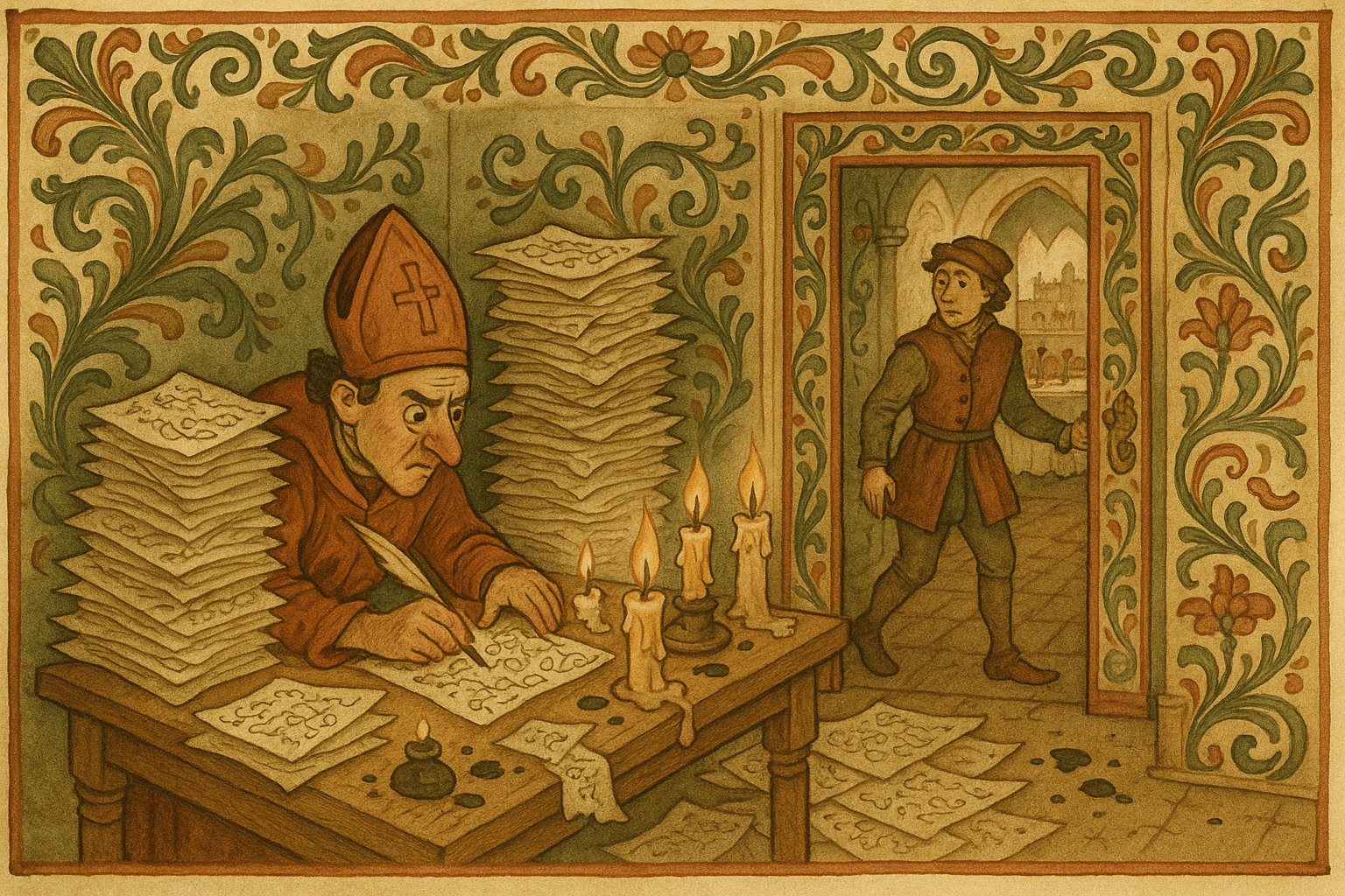 I et lite kammers sitter «presten» omgitt av hauger med papirer full av kråketær og ser bekymret etter en tjener som går forbi.