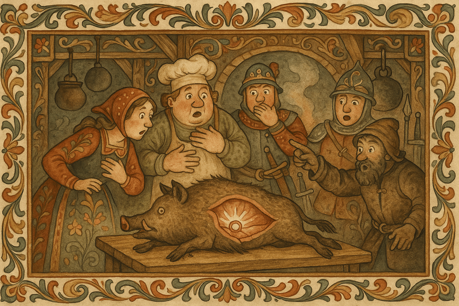 Den slaktede galten ligger på plank, og da den åpnes, finner folk ringen i buken; kullbrenneren peker triumferende.