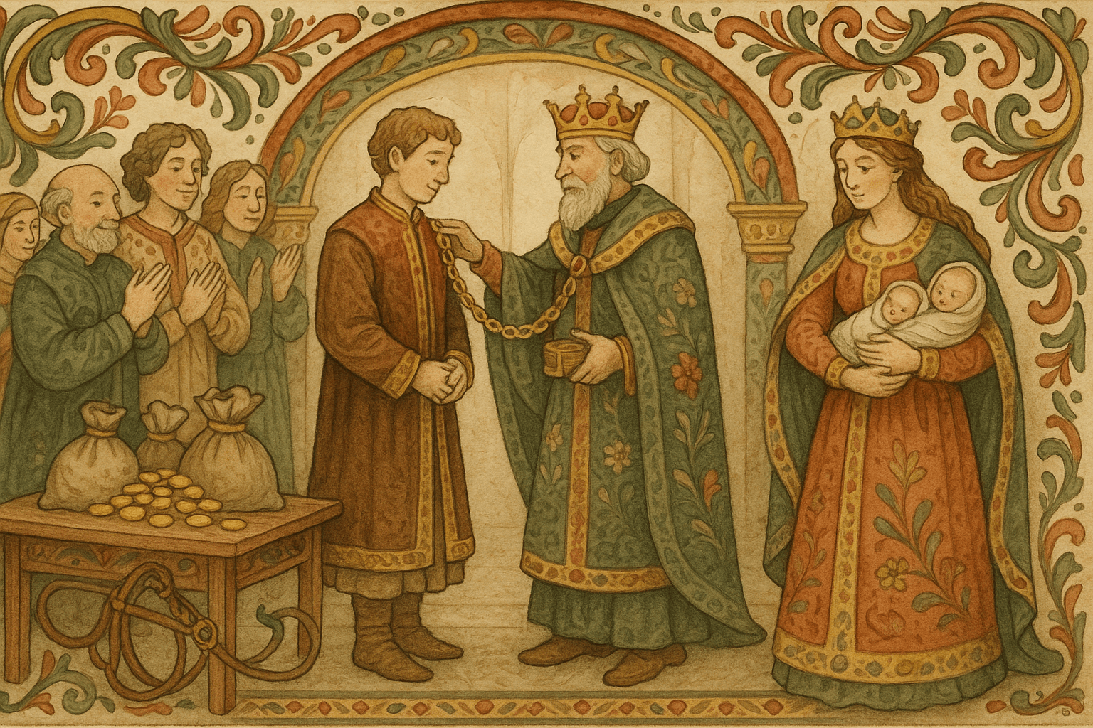 Den tidligere kullbrenneren får penger, kjede og ære av kongen mens dronningen holder de nyfødte tvillingene ved sin side.