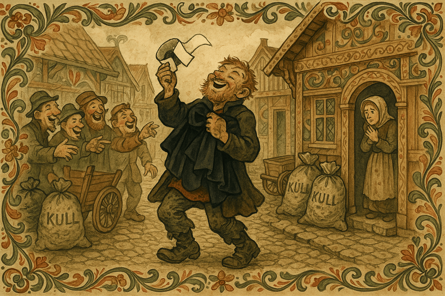 En fattig kullbrenner holder stolt en gammel prestekappe og krage på bygaten etter auksjonen, mens naboer ler og konene ser bekymret på.