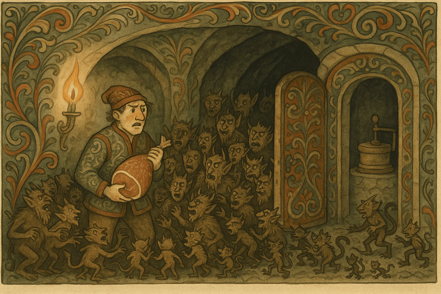 Mannen står i et flammet opplyst rom omringet av mange djeveler mens en håndkvern skimtes bak en dør.