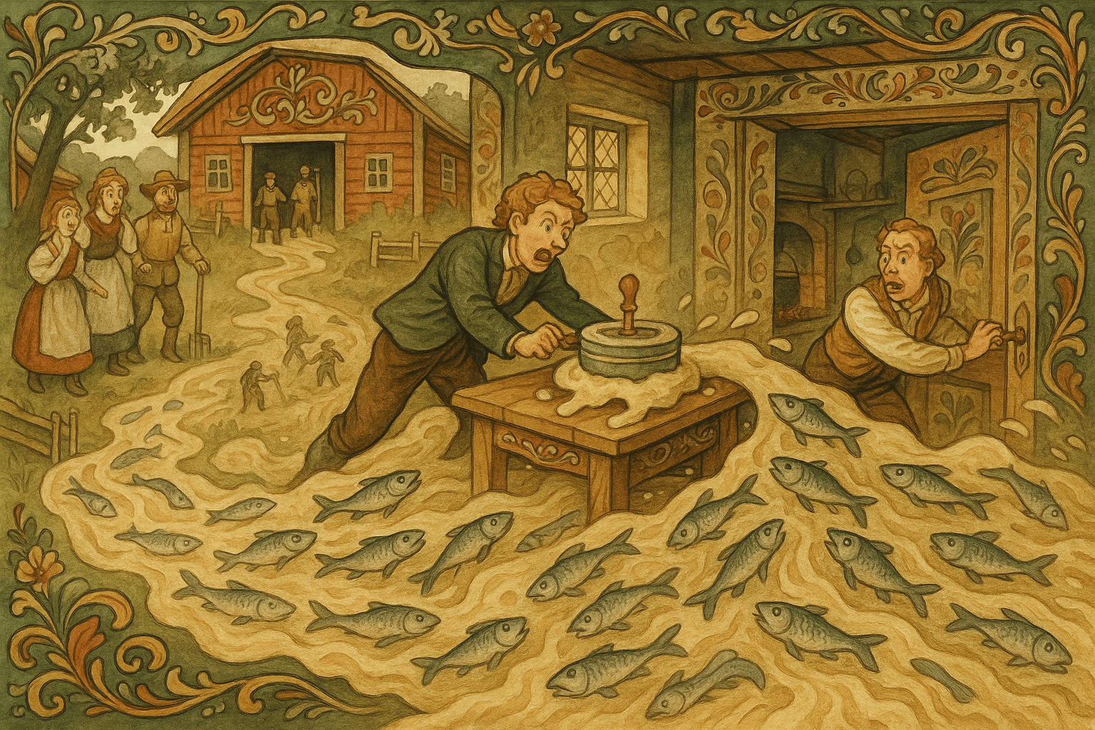 Kjøkkenet flommer over av velling og sild som fossar ut av døra; en mann prøver desperat å komme seg unna mens vannet og fisken strømmer over gården.